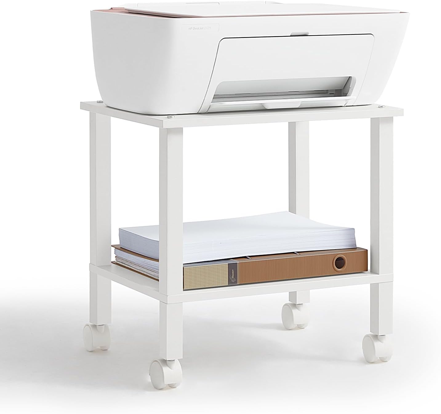 YUFAM 2-Tier Rolling Printer Stand with Storage - Under Desk Cart Shelf for Office Home, White