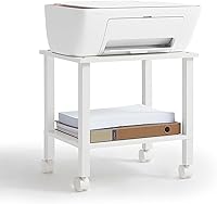 YUFAM 2-Tier Rolling Printer Stand with Storage - Under Desk Cart Shelf for Office Home, White