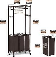 Vista 4 de Organizador de lavandería de 3 secciones con barra colgante, carrito de lavandería con ruedas, organizador de cestas, estante colgante, ruedas