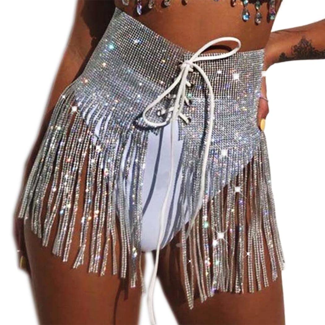 Rhinestones Tassel Hip Skirt Sparkly Belly Dance Scarf Crystals Belt Tribal Fringe Outfits Mini Skirt