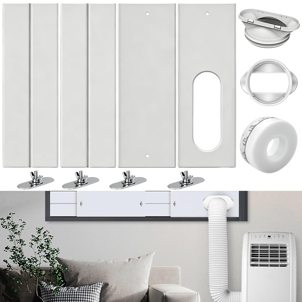 Lotvic 4 Pezzi Kit Finestra Condizionatore Portatile, Adattatore Finestra per Condizionatore, Tubo di Scarico 13/15 cm, Piastra del Kit Finestra per Finestre Scorrevoli Verticali/Orizzontali