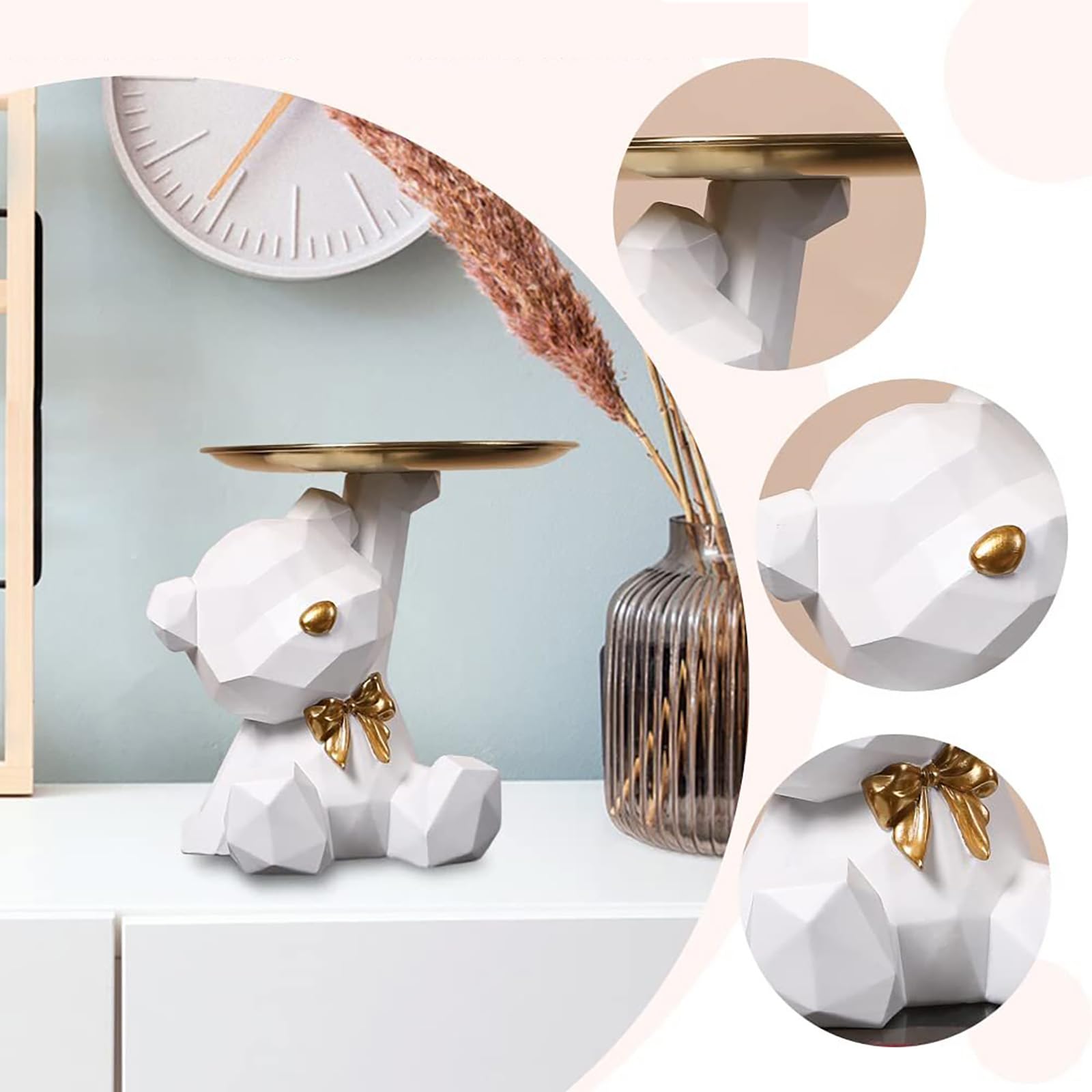 Sculpture d'Ours en Résine Plateau Décoratif, Statue de Rangement Mignon (Blanc)