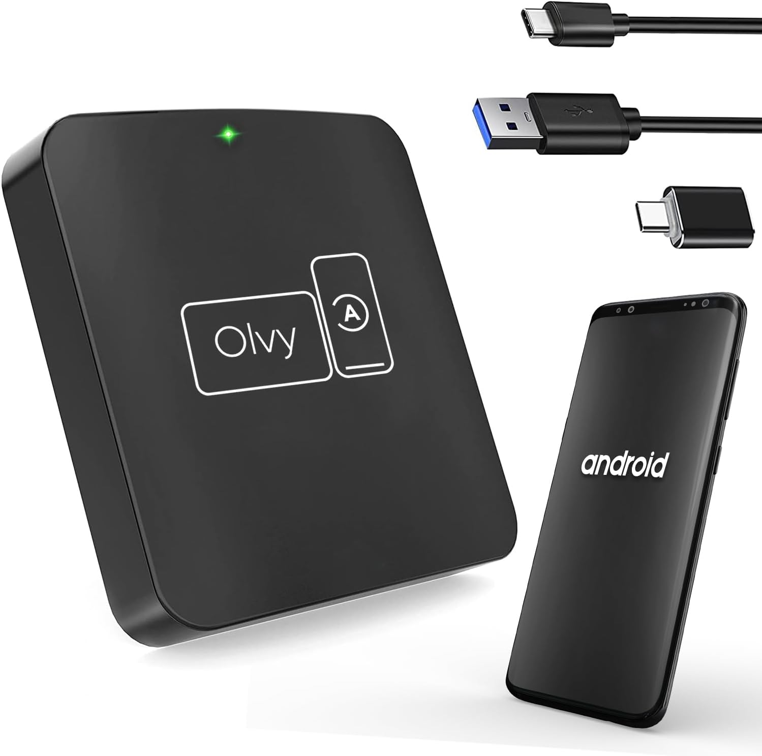 Olvy Wireless Android Auto Dongle with included USB-C and USB-A cables, next to an Android smartphone.