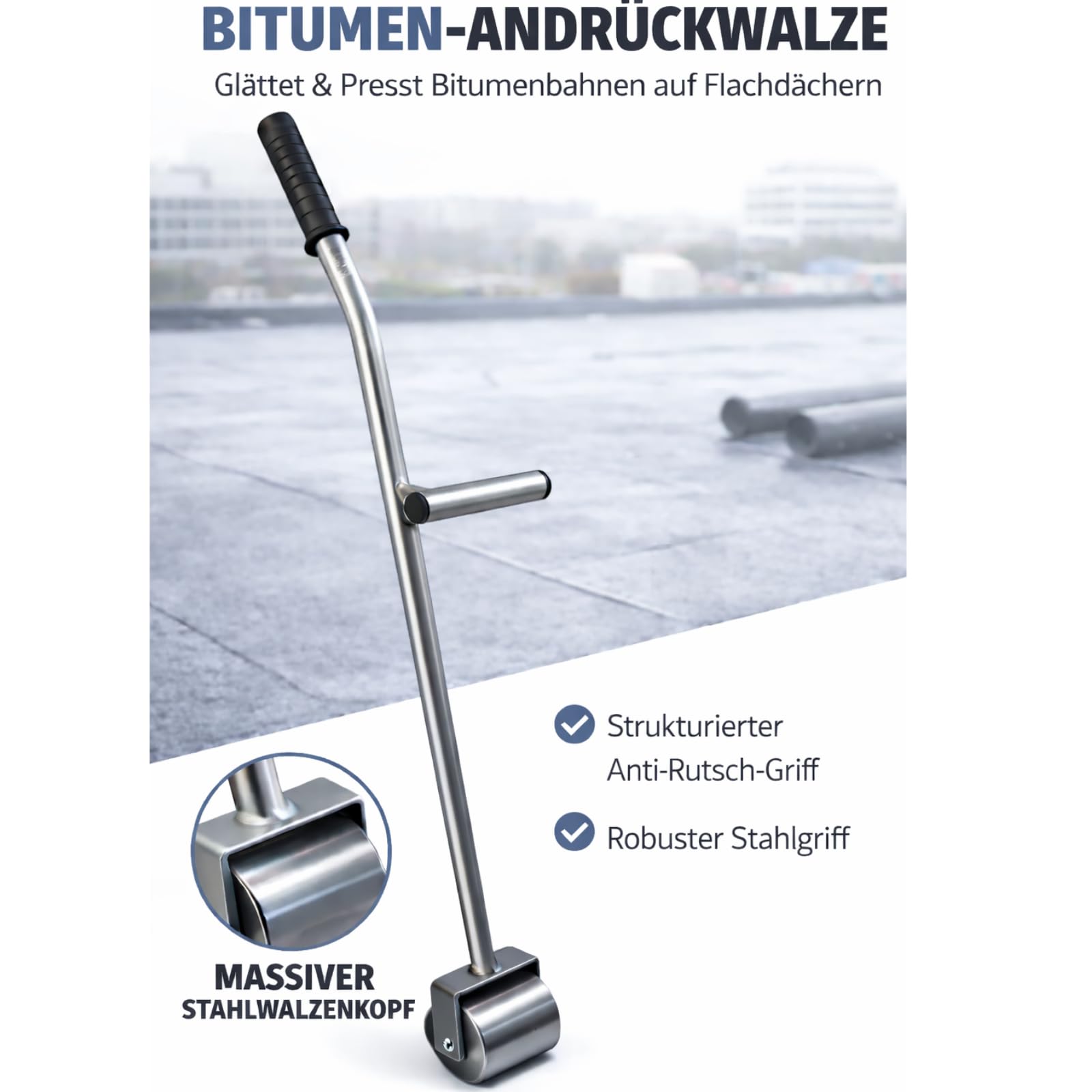 Istatools Andrückwalze für Dachpappe, Stahl, 8 kg, Druckrolle mit Griff für Dachdecker