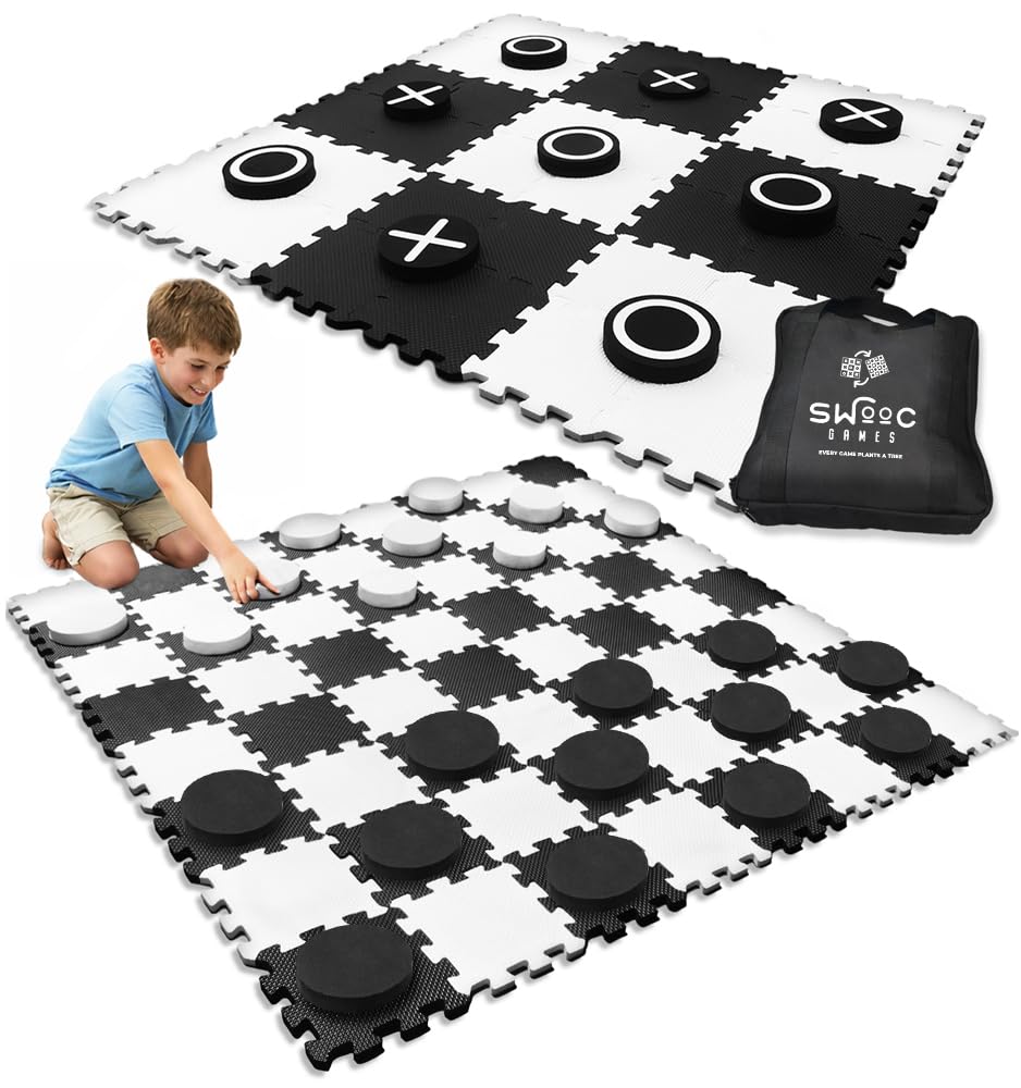Photo 1 of Swooc Games® - 2-in-1 Premium Giant Checkers & Tic Tac Toe Game (4ft x 4ft) - 100% High Density EVA Foam Mat & Pieces - Extra Large Checkers Set with Jumbo Checkerboard and Yard Size Tic Tac Toss