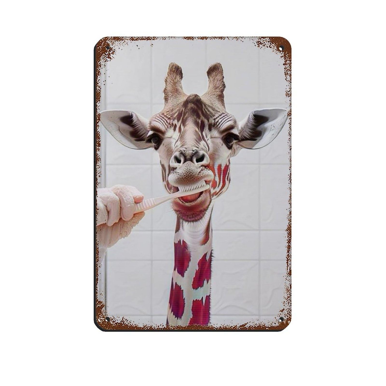 Giraffe Brushing Teeth, Hilarious Bathroom Art Tin Sign Vintage Metal Pub Club Cafe Bar Home Wall Art Decoration Poster Retro 8x12inch(20x30cm)