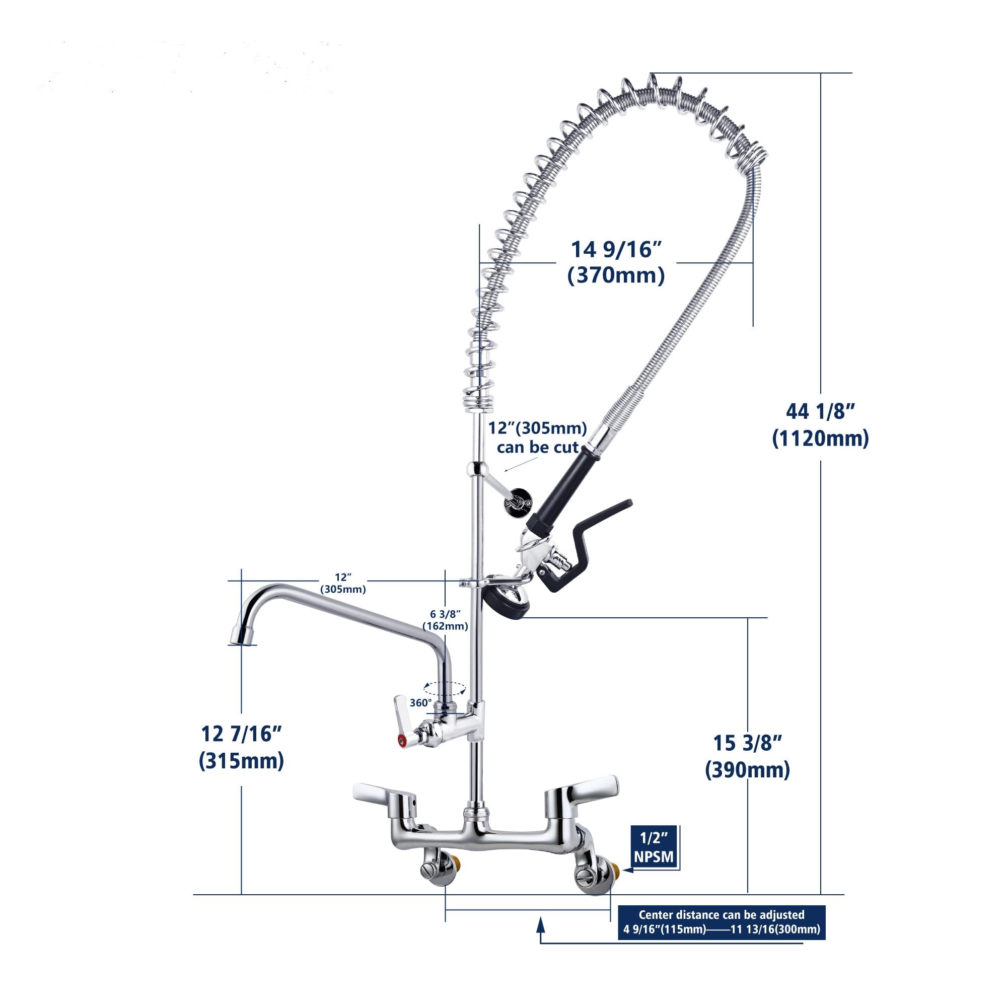 TAIMIKO Robinet de cuisine de Douche Mitigeur mural 2 trous,4-8''centre réglable Robinet mitigeur d'eau froide et chaude,Poignée ergonomique Douchette industrie,pour évier de cuisine avec pulvérisatio