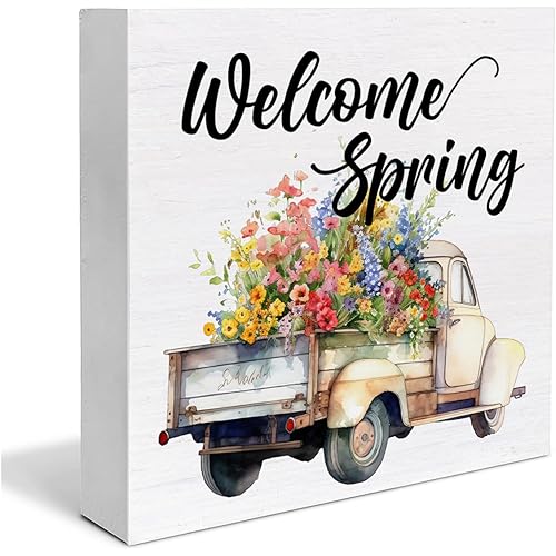 Spring Decor Rustic Welcome Spring Wood Block Sign Farmhouse Spring Sign Desk Decorations Home Shelf Decor 5 x 5 Inches