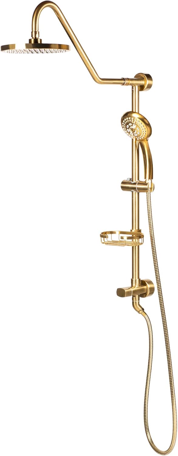 PULSE ShowerSpas Kauai III Brushed Gold Rain Shower Head with Handheld Spray - 2.5 GPM, 8" Showerhead, 5-Function HandShower, Adjustable Slide Bar - Shower Heads with Handheld Spray Combo