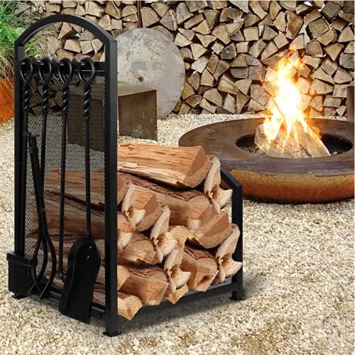 Miniatura 8 de AMAGABELI GARDEN & HOME Juego de herramientas para chimenea de 30.7 pulgadas para interiores y exteriores, soportes de madera para almacenamiento de