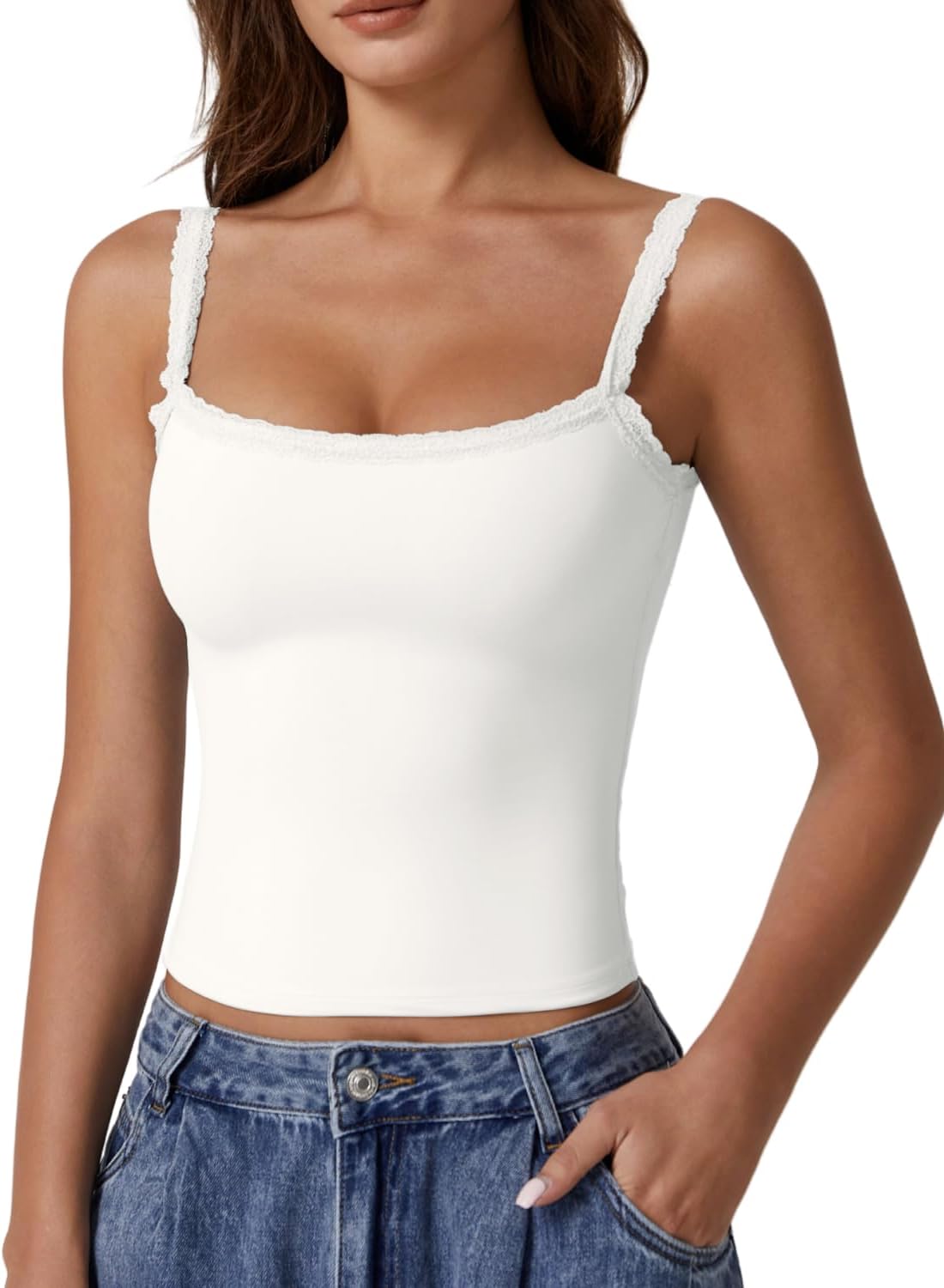 QINSEN Womens Square Neck Lace Trim Tank Top Double Lined Slim Fitted Y2k Going Out Camisole Shirts