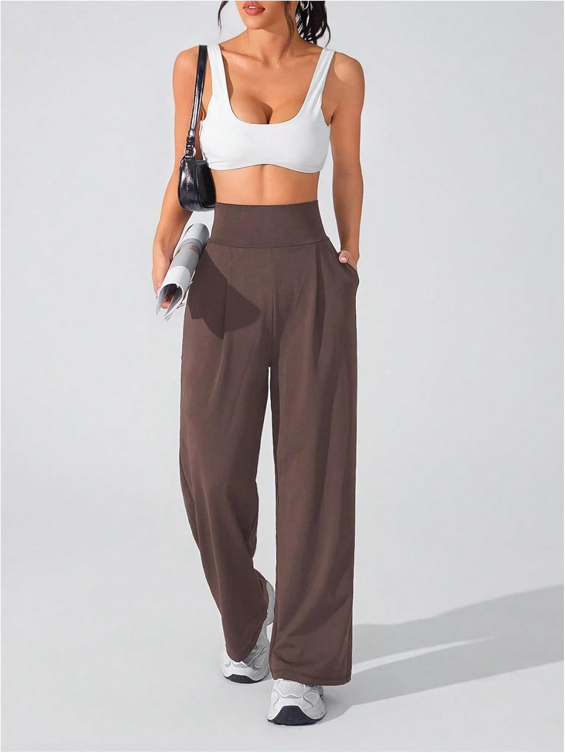 OYOANGLE Women's Wide Leg Yoga Pants Solid High Waist Lounge Pleated Dress Work Sweatpants with Pockets Light Brown Small - Image 5