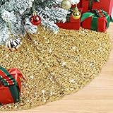 BSHSPX Gold Christmas Tree Skirt 60 Inch Sparkle Sequin Velvet Christmas Tree Skirts Large Christmas Gold Tree Skirt Sequins Embroidered Xmas Tree Skirt Personalized Tree Base Skirt for Christmas Tree