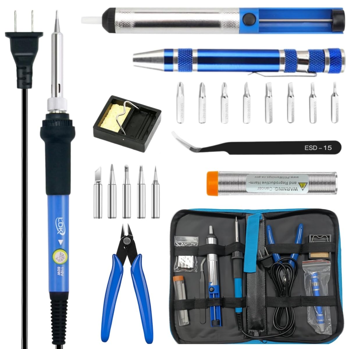 LDK Electric Soldering Iron Kit 60W, Adjustable Temperature with 5pcs Different Tips, Desoldering Pump, Stand, anti-static Tweezers, Solder Tube, Screwdriver, Cutter and Carry Bag for Repaired Usage