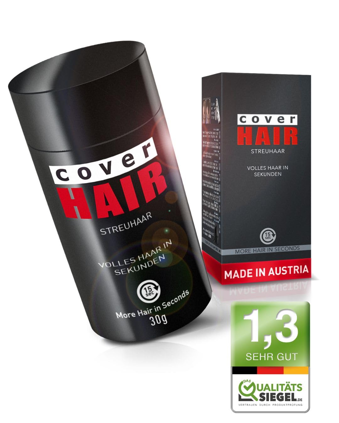 COVER HAIR - Zestaw startowy składający się z 30 g siwych włosów w kolorze czarnym i sprayu utrwalającego, 100 ml – do szybkiego zagęszczania włosów i kaszerowania włosów – ekskluzywny zestaw do pełniejszych włosów