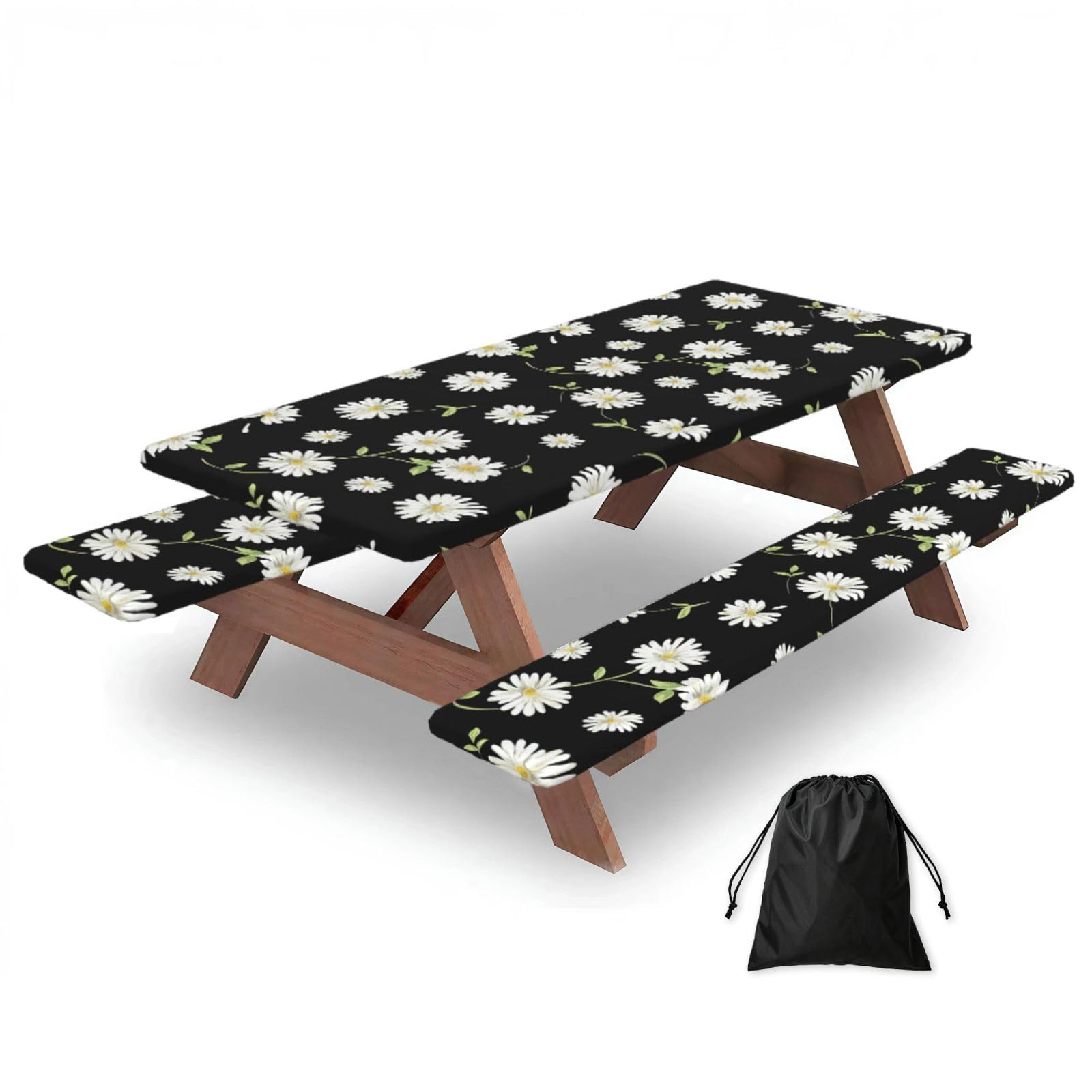 Yqxwjl Black Daisy Print Camping Essentials Waterproof Camping Table And Bench Cover With Drawstring Bag 183 Cm