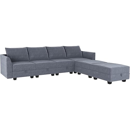 Modern U-Shaped Modular Sectional Sofa Sleeper Couch with Reversible Chaise Modular Sofa Couch with Storage Seats, Bluish Grey