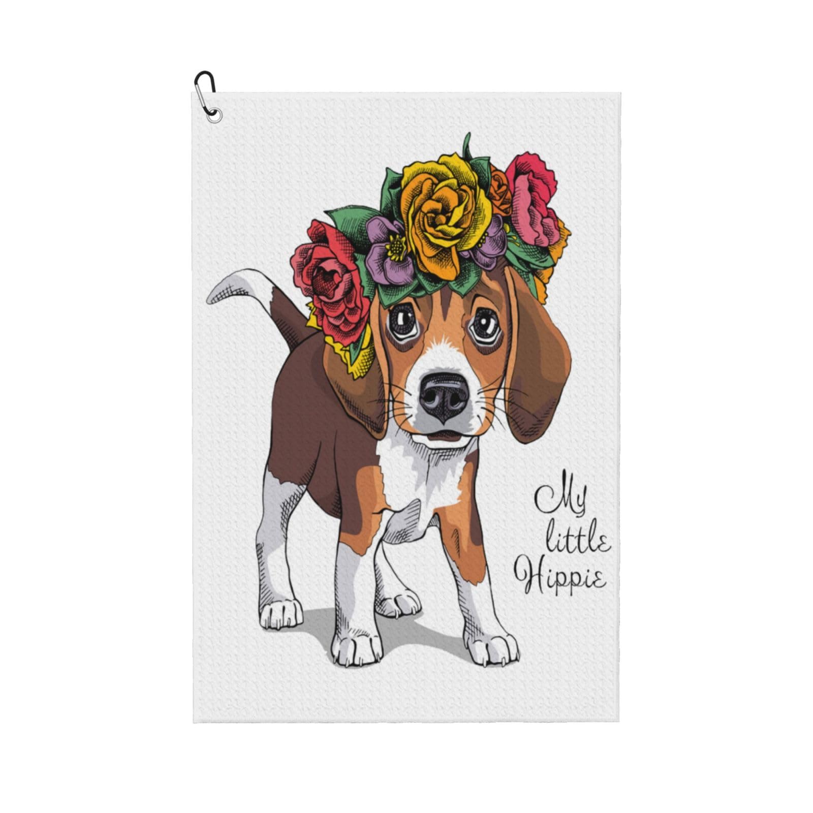 Hnnkloy Puppy Beagle Floral Head Wreath, 16x24 in Portable Waffle Golf Towels with Carabiner Clip for Golf Bag
