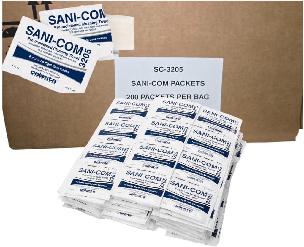 Celeste Sani-Com SC3205 Multi-Purpose Telecomm & Mask Cleaning Wipes (Case of 1200) | Individually Wrapped Towelettes for Aviation Headsets & Oxygen Masks | Cleaning & Refreshing