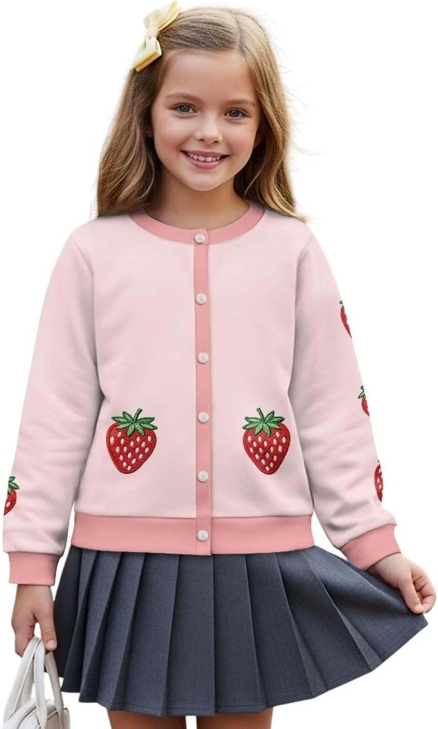 Wanyint Girls Lightweight Cover Up Cardigan, Long Sleeve Printed Crewneck Button Front Layer, Machine Washable, Ages 5-16