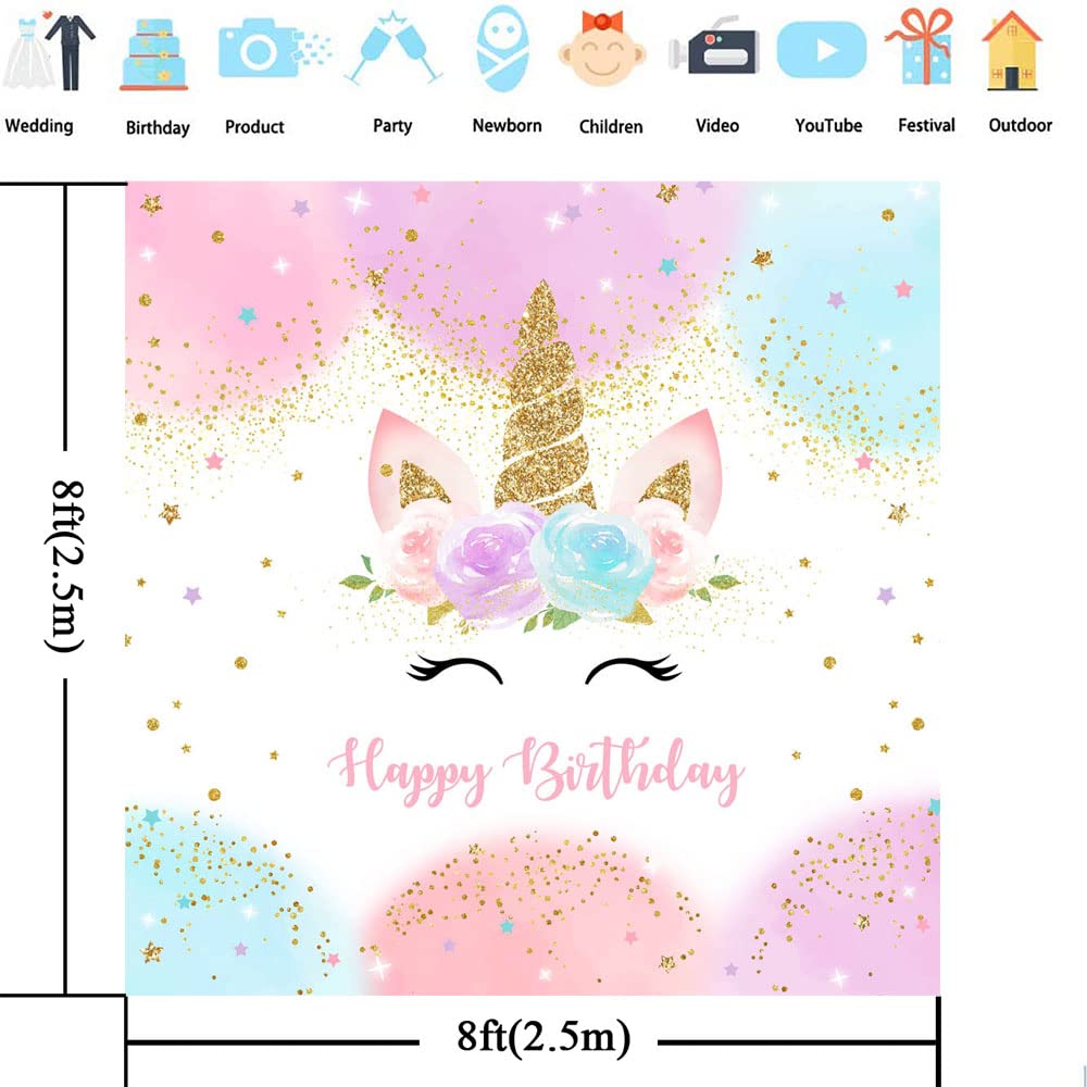 Mocsicka Decorazioni per feste di buon compleanno per ragazze acquerello floreale glitter stelle pois UnicornCake banner da tavolo forniture per studio puntelli (2,4 x 2,4 m)