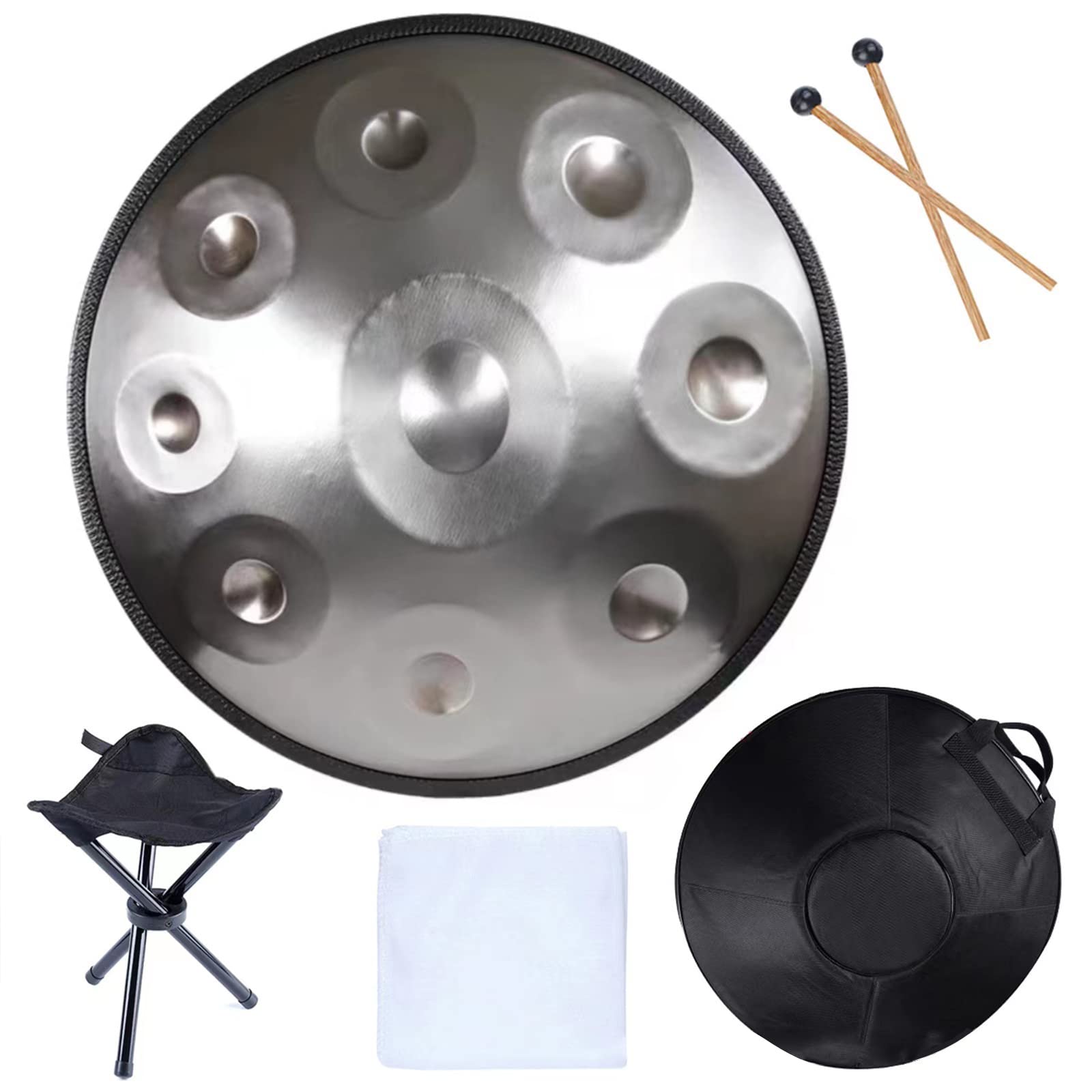 Strumento a percussione Handpan in Re minore, Tamburo a Mano in Acciaio da 432 Hz con Borsa Morbida, Bacchette, Supporto - Strumento per Il Suono e la Meditazione