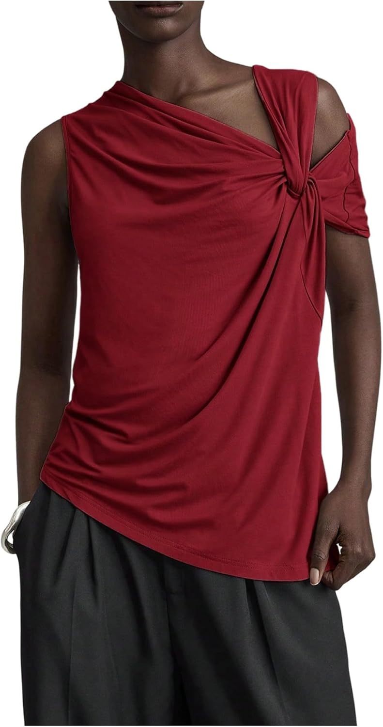 MakeMeChic Women's One Shoulder Tank Tops Sleeveless Asymmetrical Neck Ruched Twist Front Going Out Tops
