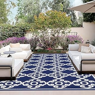 OutdoorLines Indoor Outdoor Rugs for Patio 4x6 ft - Reversible Outside Carpet, Stain & UV Resistant Portable RV Mats, Plastic Straw Rug for Camping, Pool Deck, Porch Moroccan Flower Navy & White