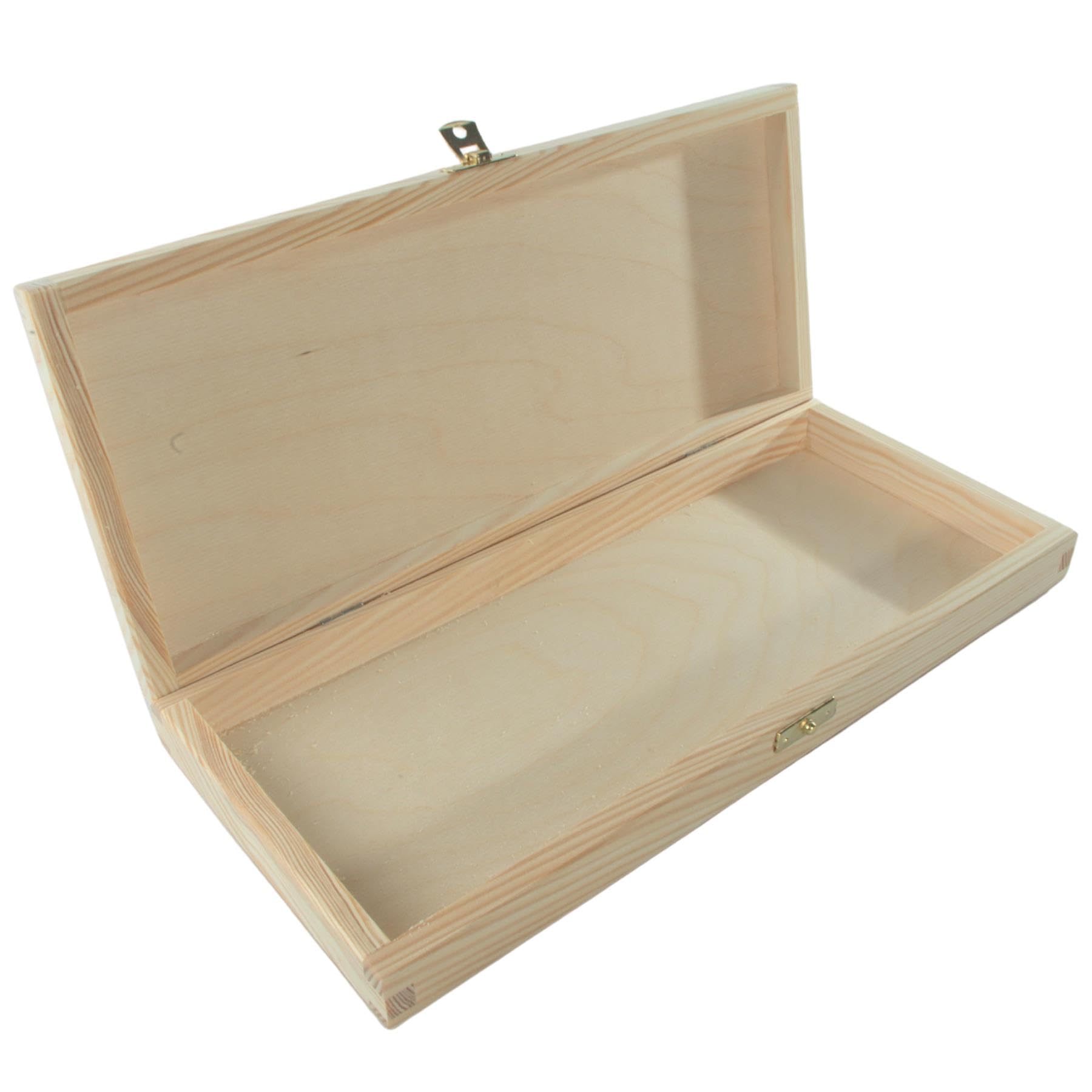 WooDeeDoo Shallow Slim Wooden Storage Box with Lid and Clasp - Unfinished Oblong Pine Case for Brushes Pencils Crayons Craft Supplies DIY Gift Keepsakes Letters Storage - 34 x 15 x 4 cm