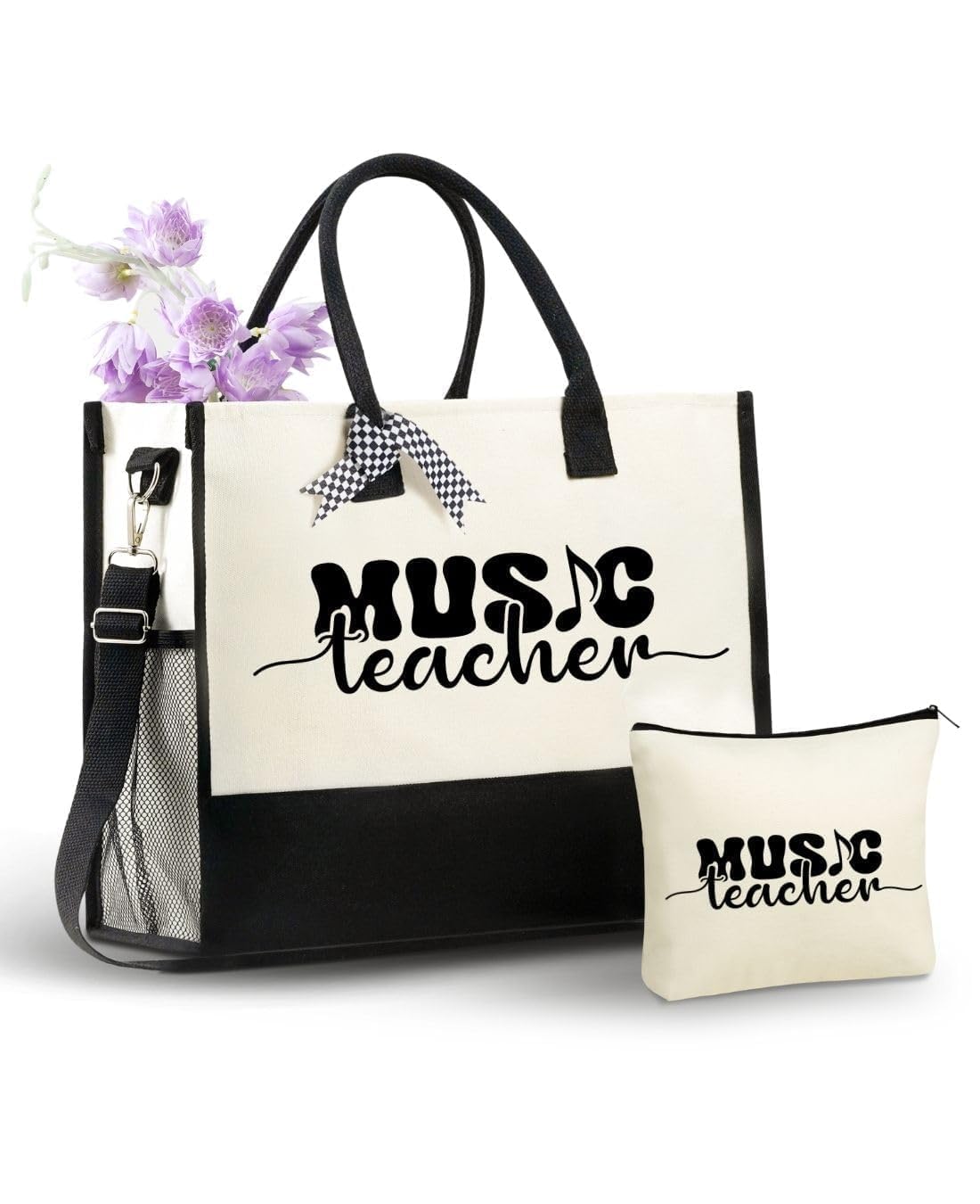 InnoBeta Music Teacher Appreciation Gifts Canvas Tote Bag with Makeup Bag, Top Zipper Closure, Music Teacher Gifts for Teacher Appreciation Day,