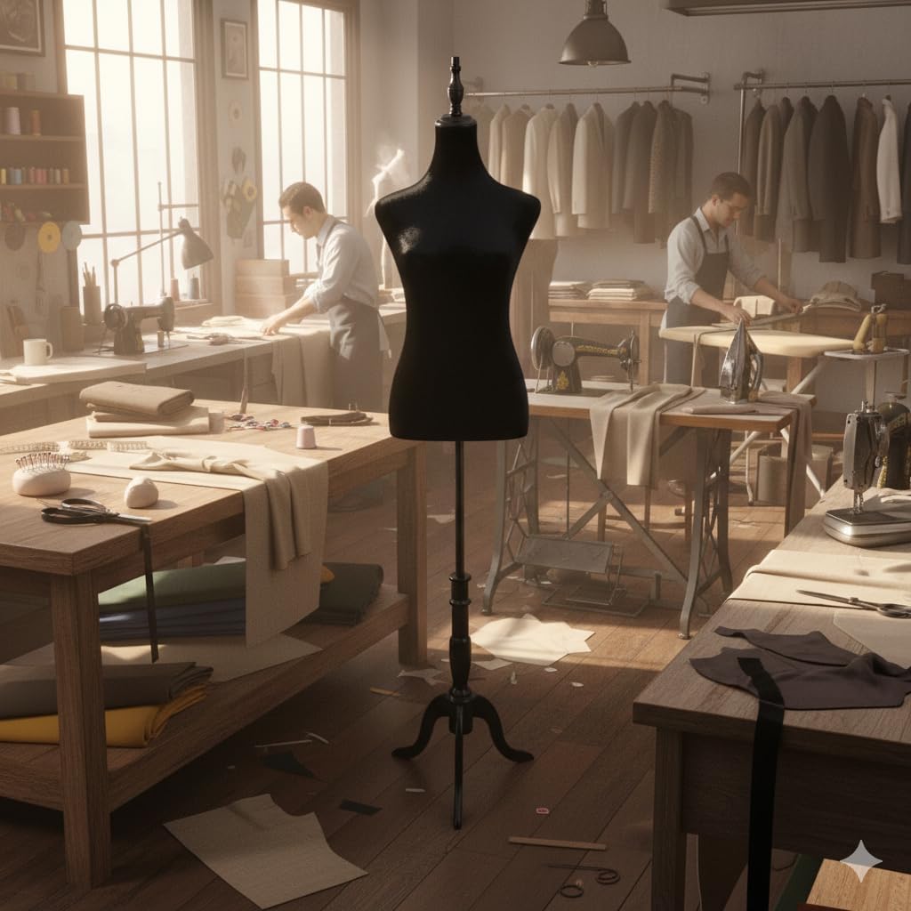 Black Velvet Female Mannequin Torso with Adjustable Wooden Tripod Stand, Pinnable Dress Form 130–180cm, Polystyrene Body Boutique Display Dummy for Dresses, Tops & Tailoring