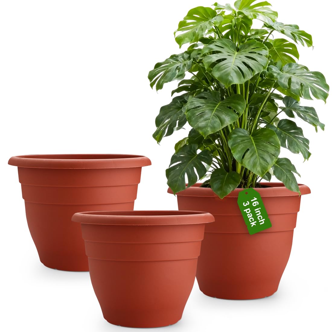 RooTrimmer 3-Pack 16 Inch Large Outdoor Plastic Plant Pots with Drainage Holes – Durable,Lightweight &amp; Weather-Resistant Flower Planters for Patio,Garden,Balcony (Pottery Red)