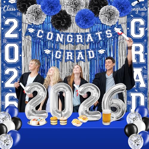 Image of Graduation Party Decorations Class of 2026, Graduation Decorations with Congrats Grad Banner Fringe Foil Curtain Paper Flower Ball Balloons for High School College Grad Party Supplies, Blue