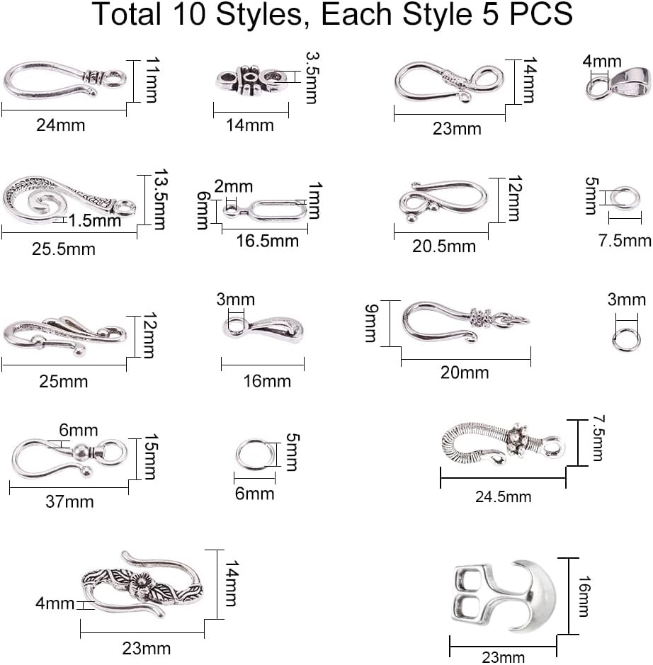 PH PandaHall 50 Sets 10 Styles S Hook Ring Toggle Clasps End Clasps Antique Silver Tibetan Jewelry Clasps for Bracelet Necklace Jewelry Making