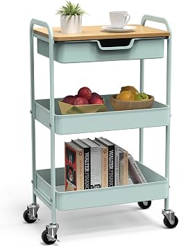 3-Tier Storage Trolley on Wheels and Drawer, All-Purpose Metal Uses Trolley for Office Salon Kitchen Bathroom OfficeGreen