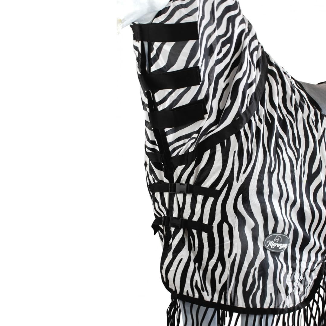 Marengos Zebra Fliegenausreitdecke mit Fransen Pferdedecke Sattelausschnitt Halsteil Insektenschutz feinmaschig Fliegendecke Outdoor Schwarz/Weiß 155 cm