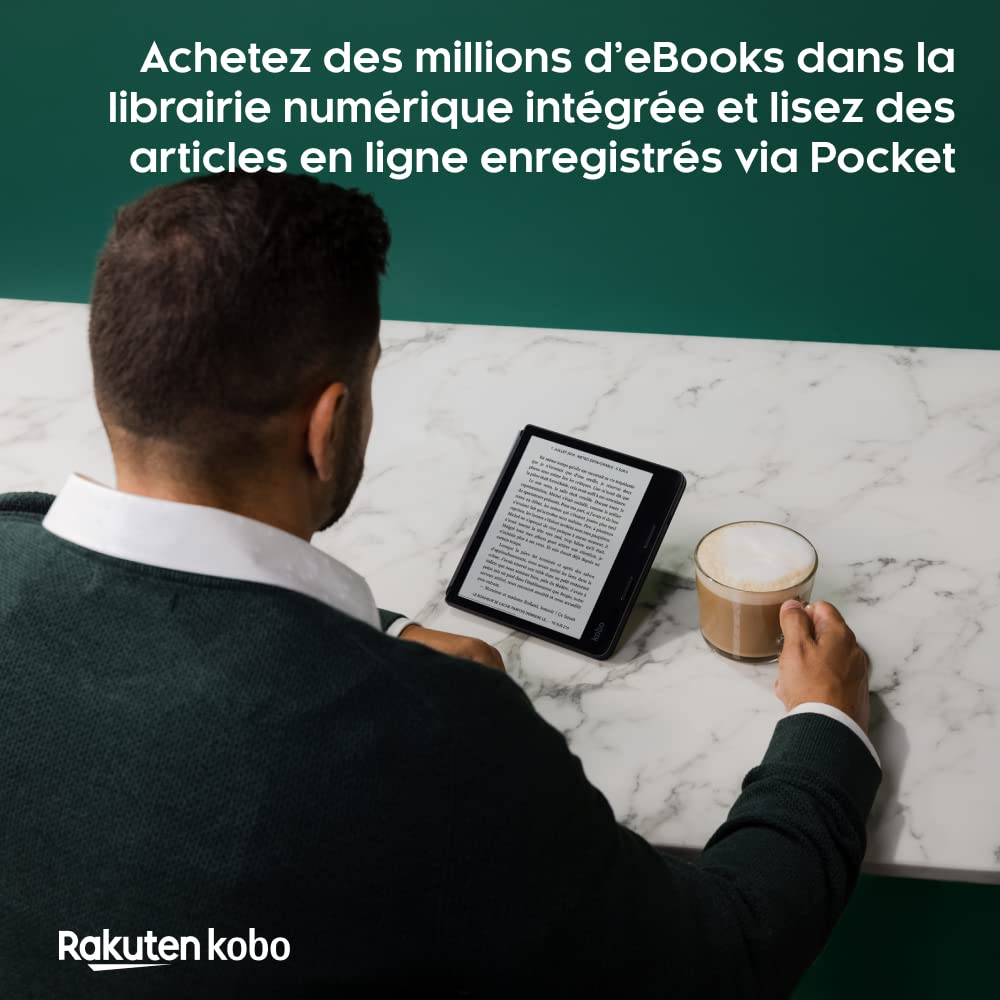Kobo Sage | Liseuse | Écran Tactile HD sans Reflets de 8 po | Étanche | Réduction de la lumière Bleue | Bluetooth | WiFi | 32 Go de Stockage | Technologie E Ink Carta