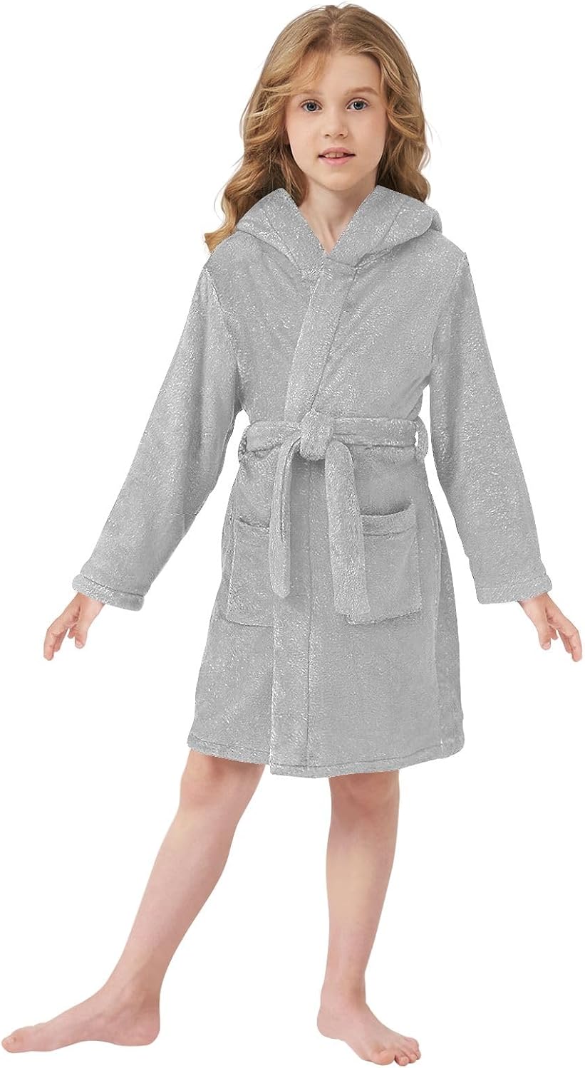 Dark Gray Kids Bathrobe, Plush Hooded Towel for Boys Girls, Soft Absorbent Swimming Beach Bath Robe with Pockets