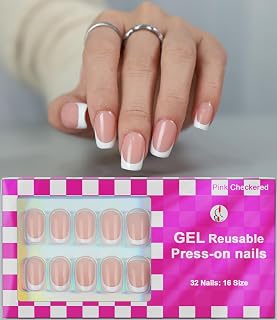Anyos 16 Sizes French Tip Short Square Press on Nails,Soft Gel Fake Nails Glossy 32pcs with Nail Glue (Classic French)