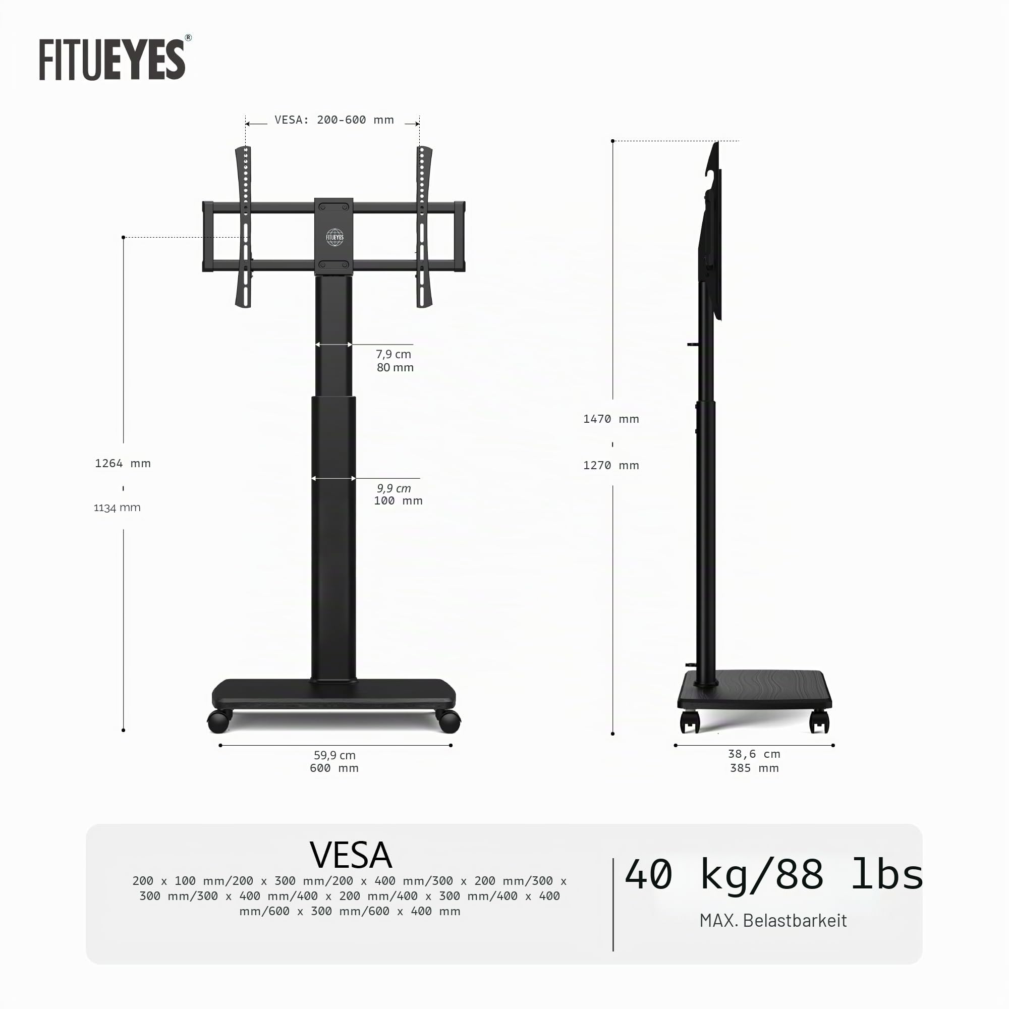 FITUEYES TV Bodenständer Rollbar mit Holzablage höhenverstellbar schwenkbar für 32-70 Zoll bis 40kg VESA 600x400 mm