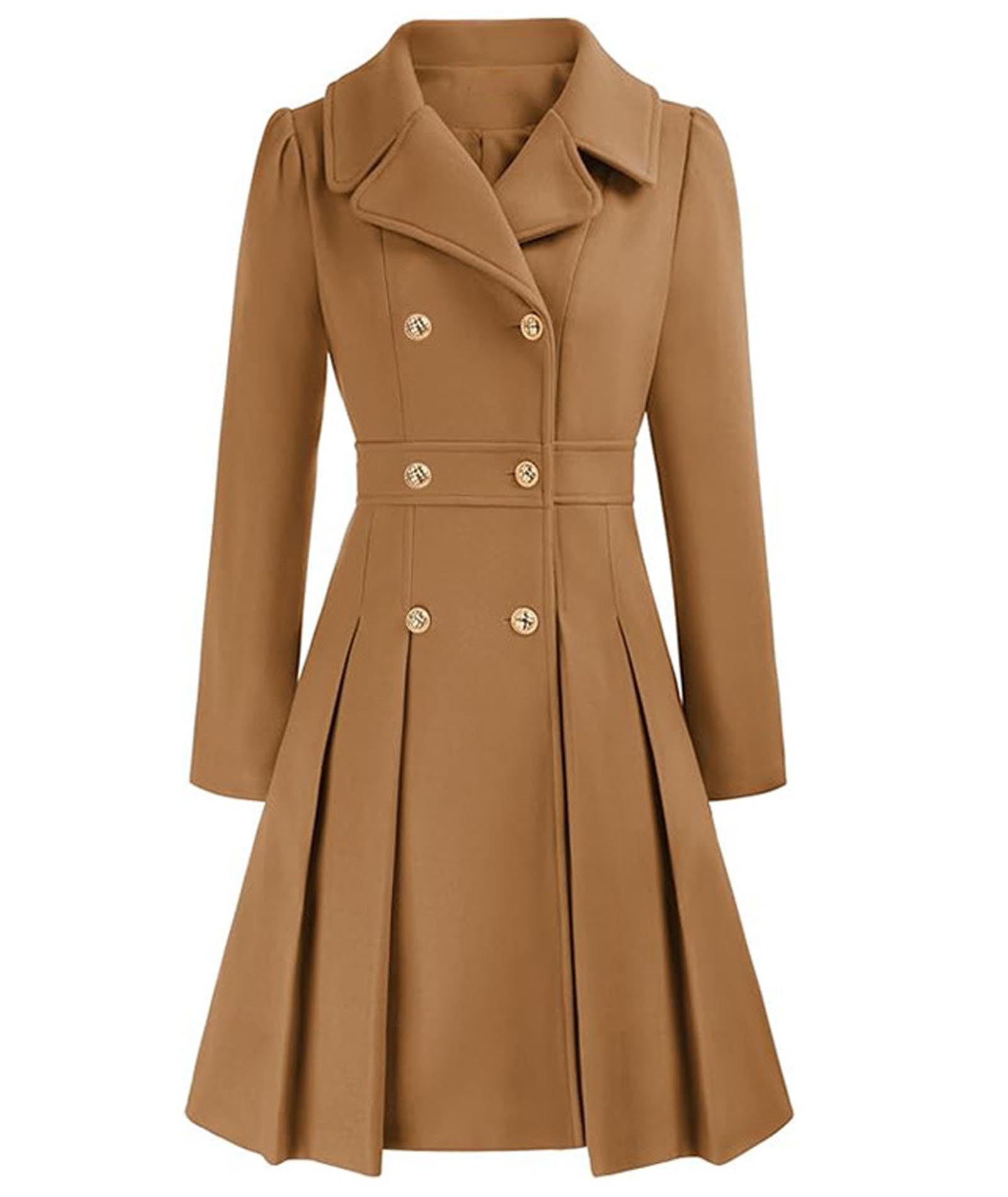 Sexyshine Womens Double Breasted Trench Coat Notch Lapel A-Line Slim Flared Pleated Wool Blend Pea Coat with Pockets