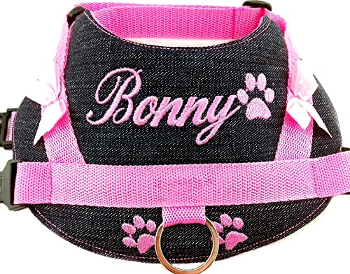 Hundegeschirr S M L XL XXL Brustgeschirr Name bestickt Jeans Rosa für kleine mittelgröße und große Hunde mehrere Farben