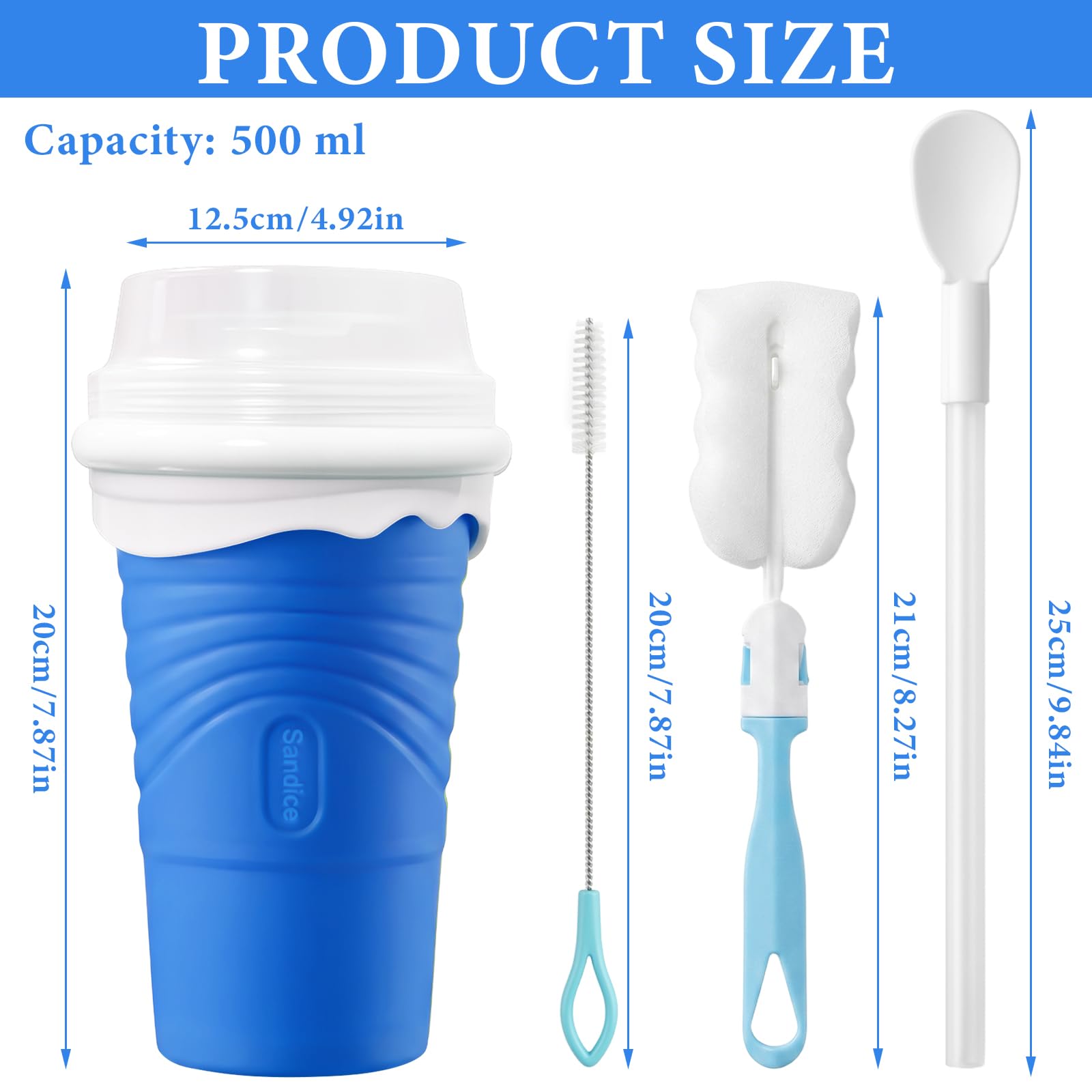Slushy Maker in Silicone da 500 ml, Tazza per Slush e Granita e Smoothie Fatto in Casa, Con Cucchiaio-Cannuccia 2 in 1 e Spazzola per Pulizia, Riutilizzabile, per Casa, Picnic e Campeggio (Blu)
