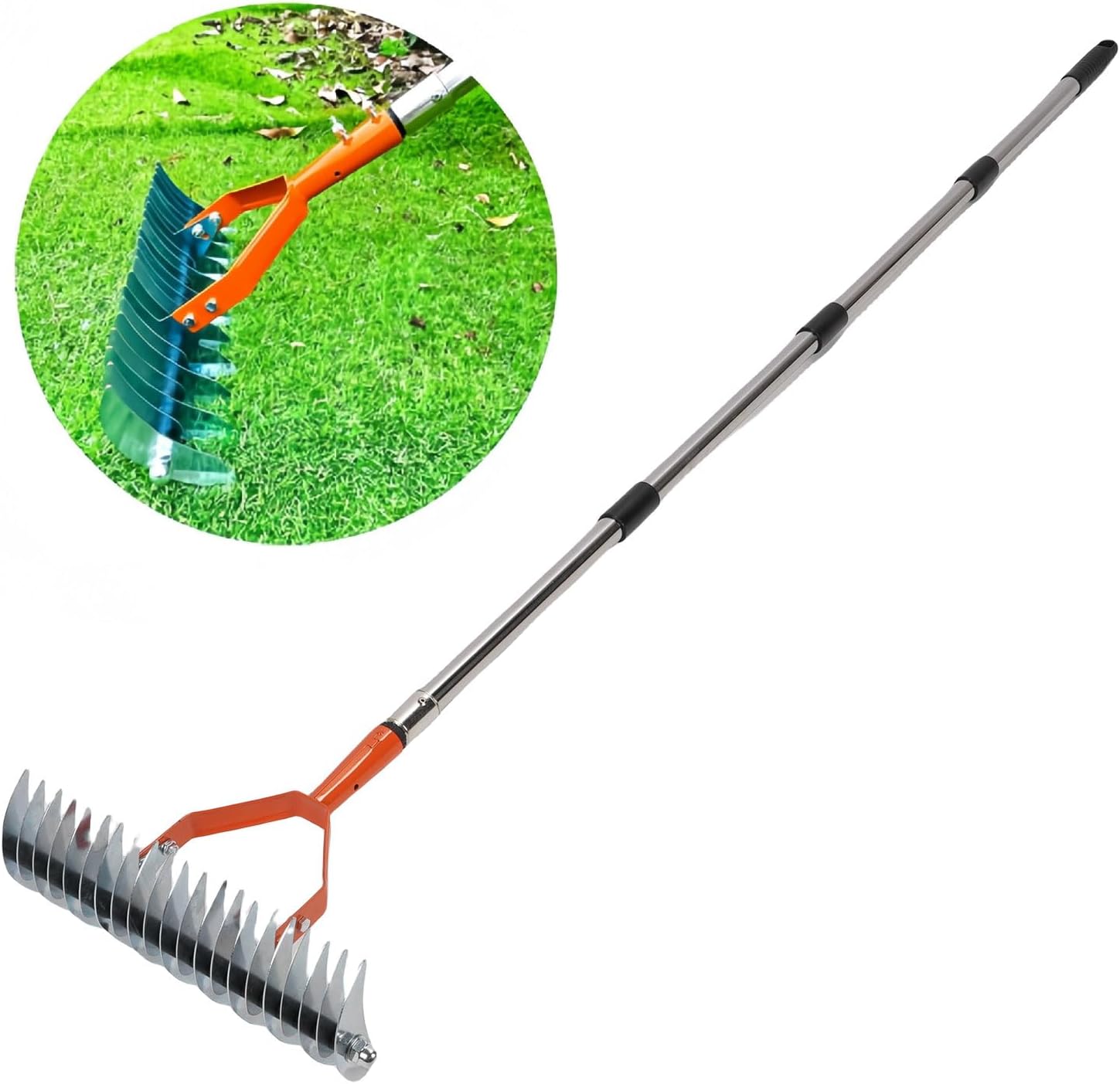 LiebeWH Metal Thatch Rake 1.7 Meter 4 Sections Lawn Thatching Rake Detachable Dead Grass Dethatcher with Adjustable Handle Orange