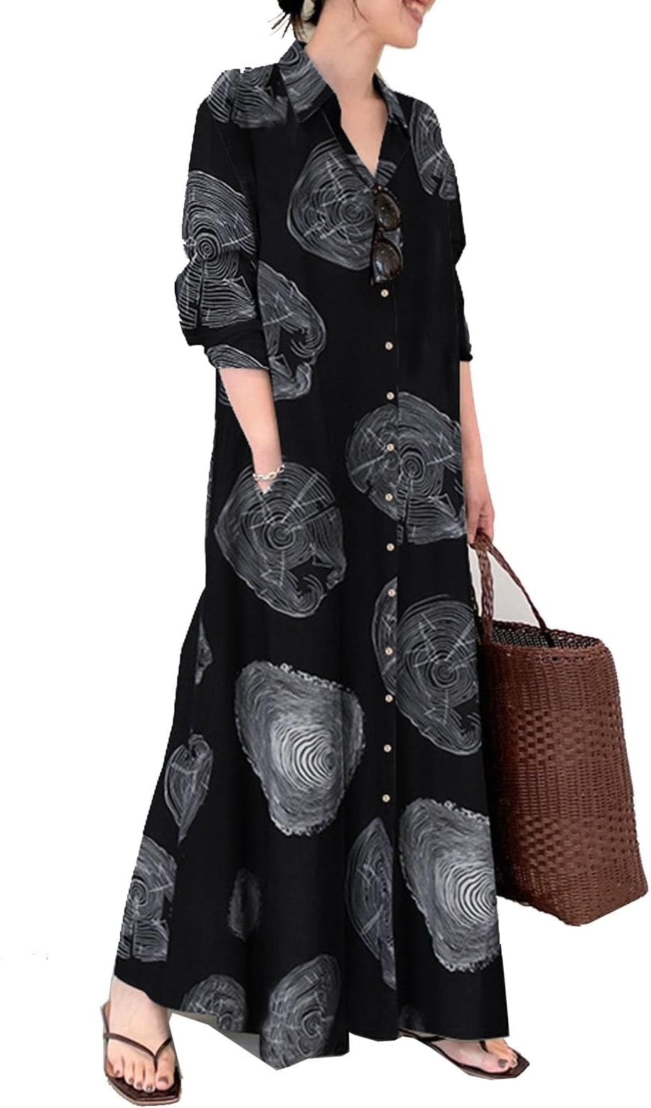 MARSVOVOLinen Maxi Dress Women's Casual Button Down Dress Linen Long Shirt Dress Cotton Kaftans for Women Tshirt Dresses