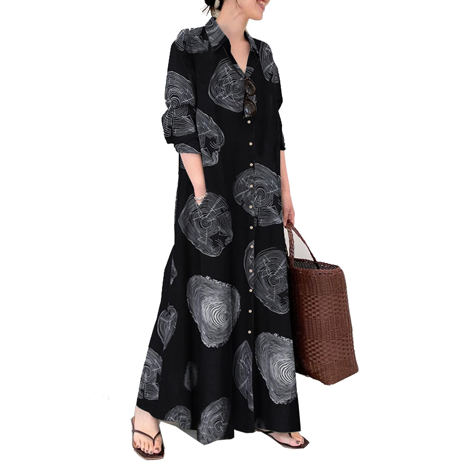 MARSVOVOLinen Maxi Dress Women's Casual Button Down Dress Linen Long Shirt Dress Cotton Kaftans for Women Tshirt Dresses