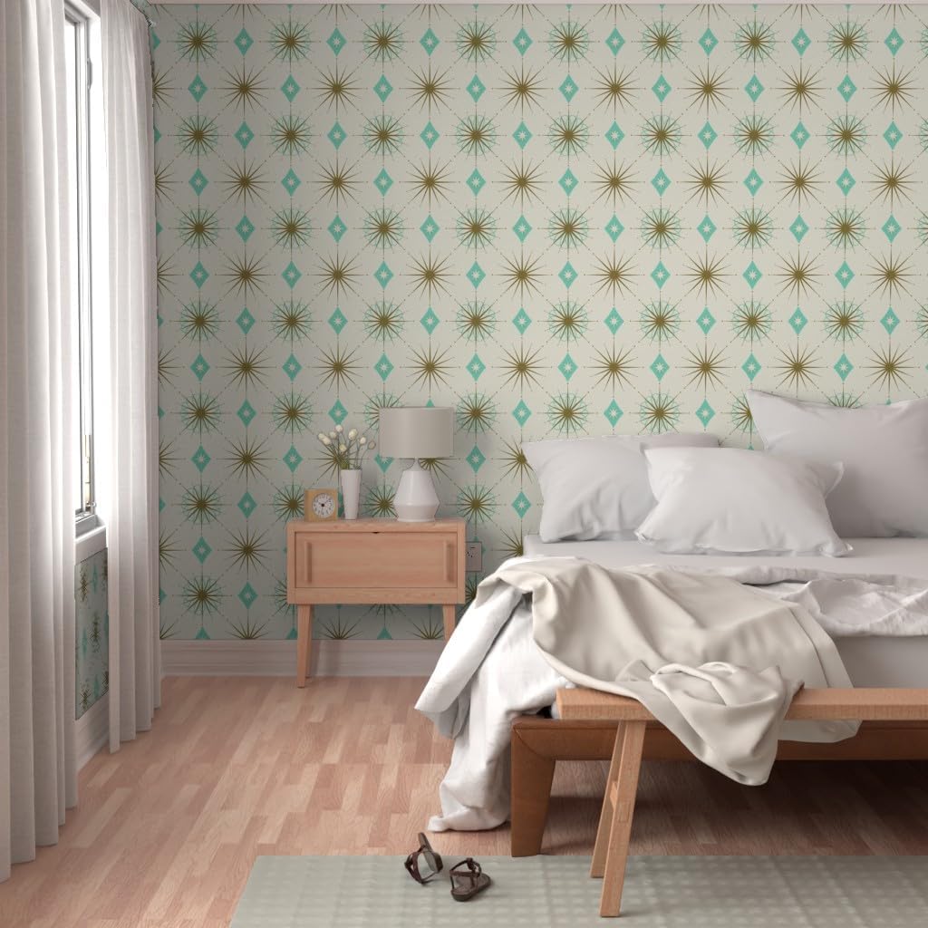 Peel & Stick Wallpaper 3ft x 2ft - Starburst Teal Blue Green On Beige Custom Removable Wallpaper by Spoonflower