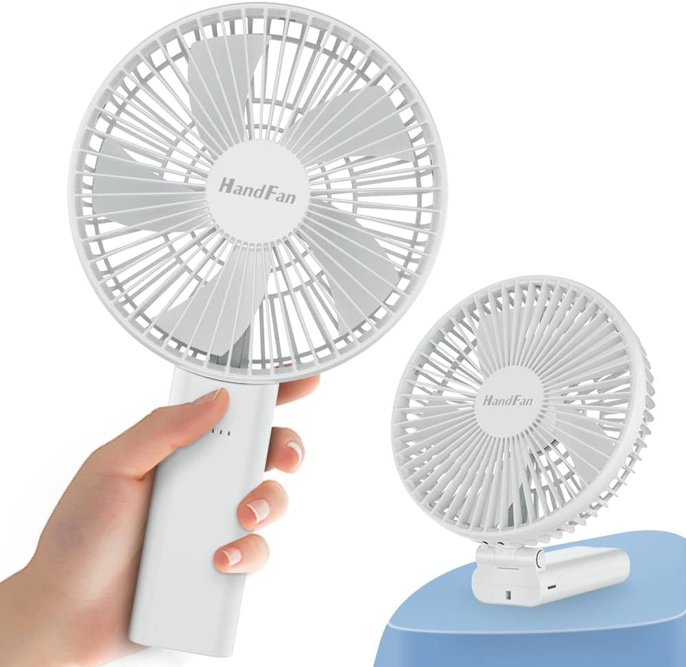 HandFan 6 Inch Handheld Fan with 4000mAh Battery 6 Speed Personal Fan, Strong Airflow, Cooling Desk Removable Base Design, 5-34H Working Time, 180° Foldable for Travel Outdoor Office Household(whtie)