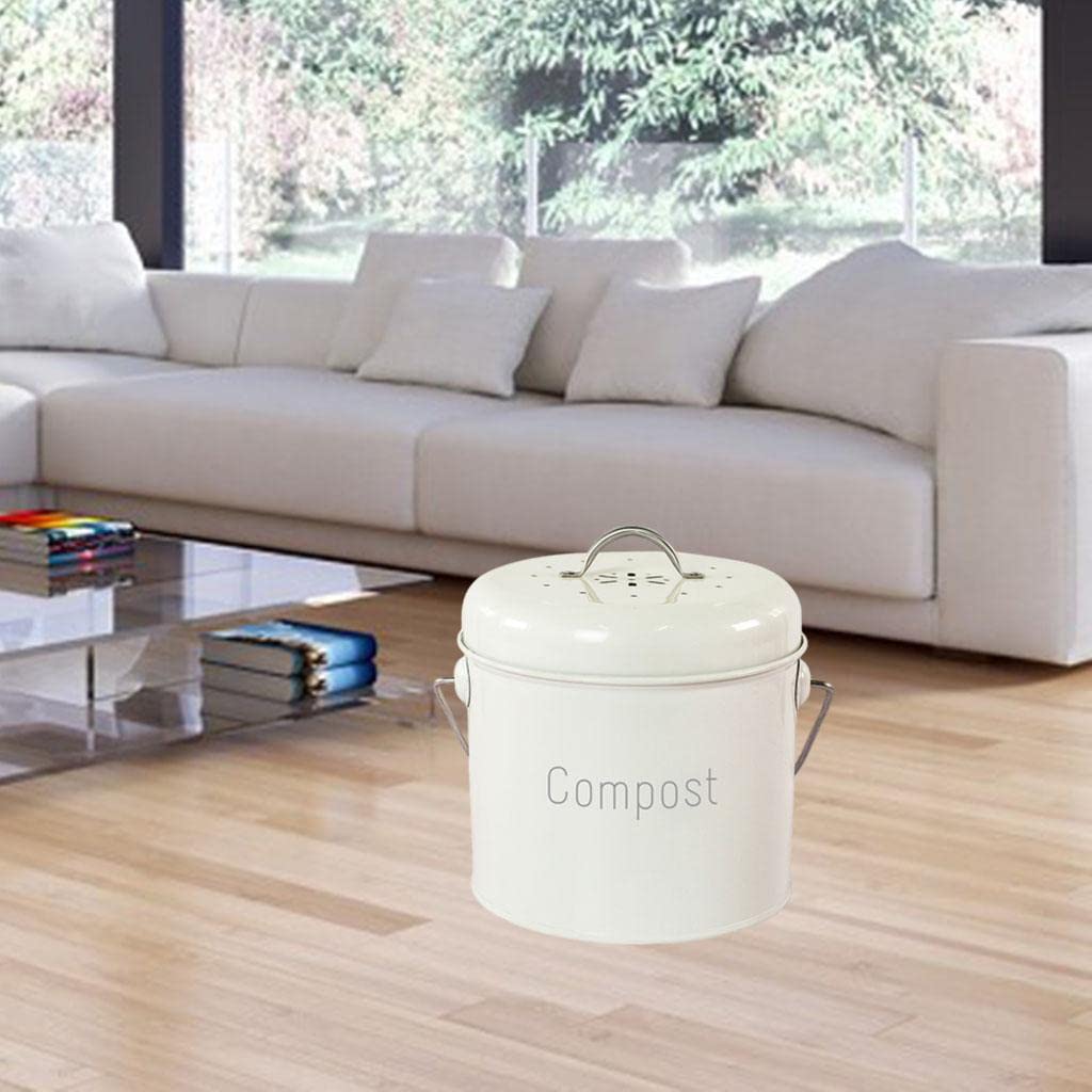 Compostador de Cocina con Asa, a Prueba de Fugas, con Filtro de Carbón Metálico Y Tapa Extraíble, Apto para Residuos de Cocina Y del Hogar, Blanco lechoso
