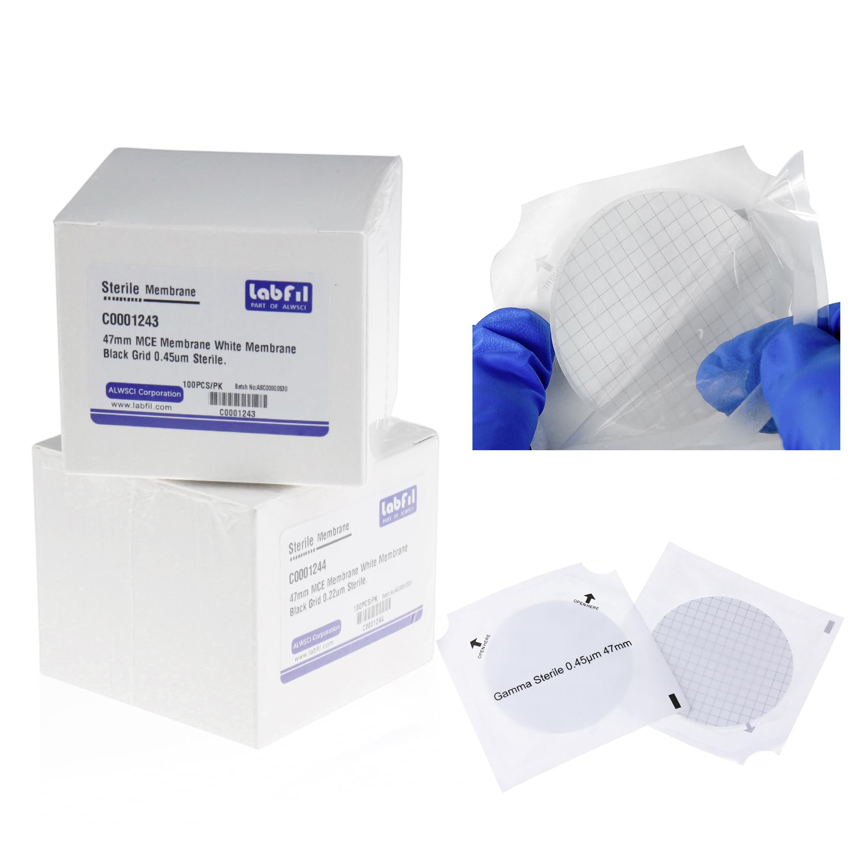 ALWSCI 100 Stück MCE Membranfilter, Labormembranfilter MCE Gittermembranfilter, Durchmesser: 47mm, Pore: 0.45μm, Einzeln verpackt Packung